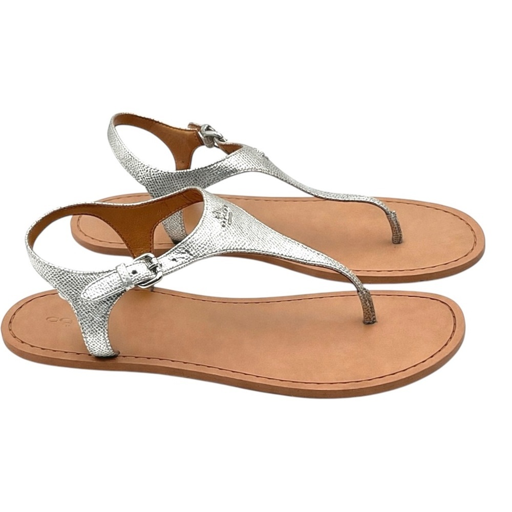 Coach Cheyanne Silver Leather Thong Sandals Womens Size 7 T Strap Slingback Flat - Picture 3 of 9